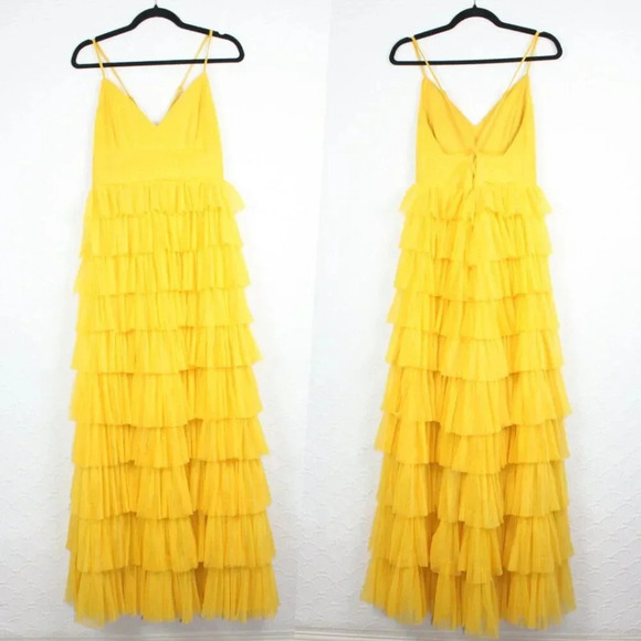 NWOT Lulus Radiant Event Yellow Mesh Tiered Ruffled Backless Maxi Dress - Picture 5 of 7
